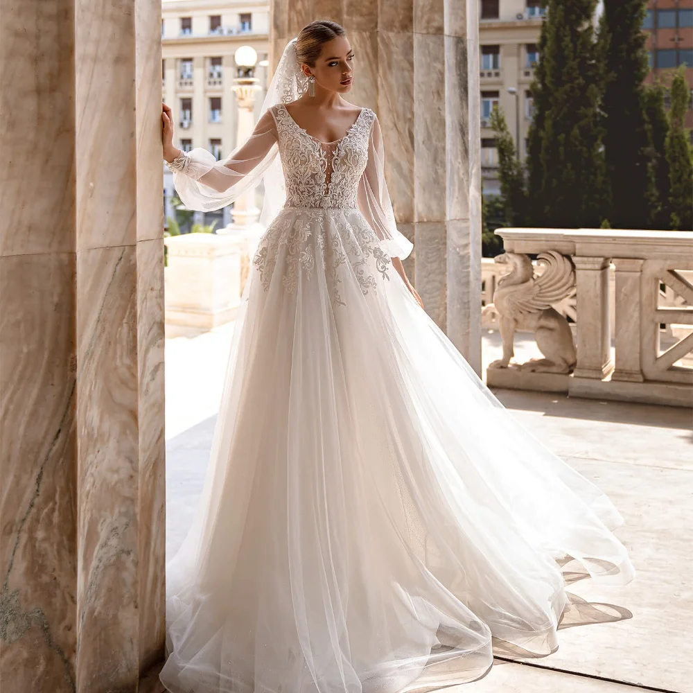 Lorencia Gorgeous A Line Wedding Dress For Bride Tulle Lace Applique V-Neck Puffy Long Sleeve Bridal Gown Vestido De Novia YAW68