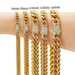 6/8/10/12/14mm Wide New Arrival Men Women's Miami Curb Chain Necklace or Bracelet Gold Color Stainless Steel Jewelry