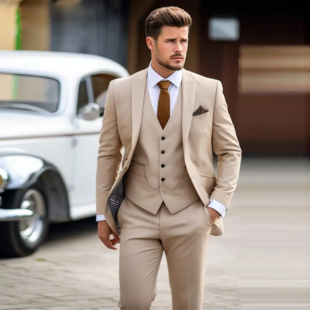 

Champagne Slim Fit Men's Suit 3 Pieces Male Blazer Sets Formal Tuxedos Jacket Vest And Pants Peaked Lapel Wedding Groom Wear