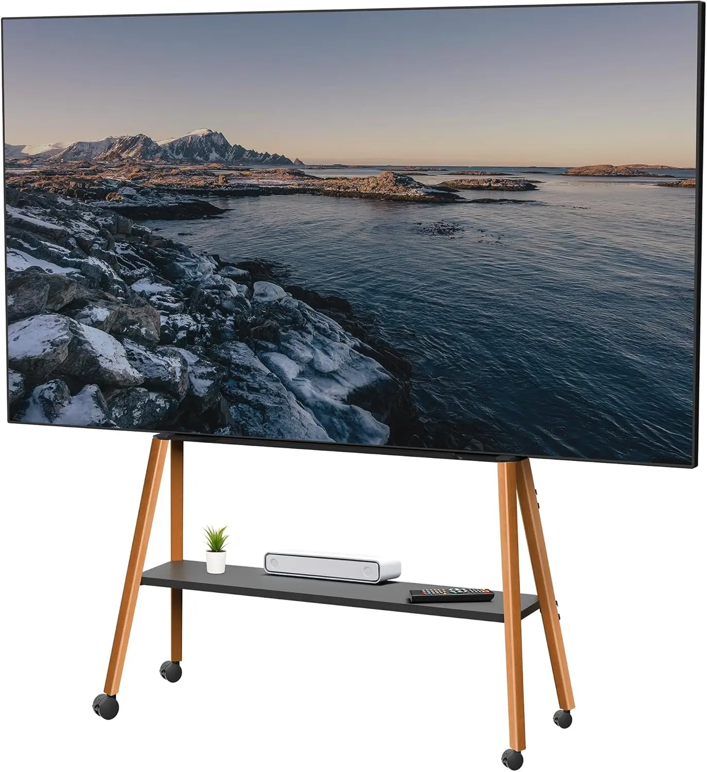 43-75인치 LED LCD TV 스탠드(목재 선반 포함), 조절 가능한 검정색 프레임 이젤 스탠드, 호두나무 다리 4개, STAND-TV75R