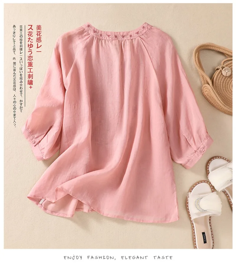 Cotton Linen Chinese Style Women\'s Shirt Summer Embroidery Vintage Blouses Loose Women Tops O-neck Clothing 2024 Korean