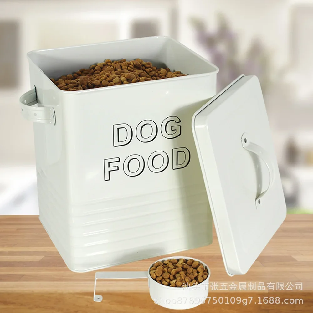 Cubo de comida para perros sellado, cubo de almacenamiento de granos de hierro, tanque sellado, cubo de comida para mascotas a prueba de humedad con cuchara