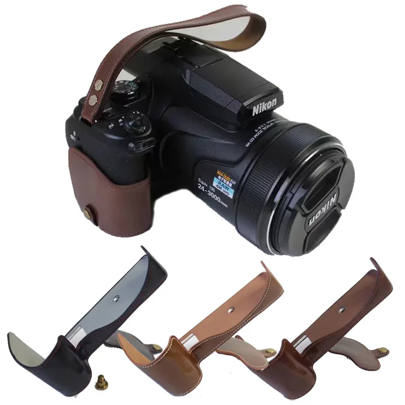 Funda Retro de cuero PU para cámara, funda de medio cuerpo, correa para muñeca para cámara Nikon Coolpix P1000, Base inferior