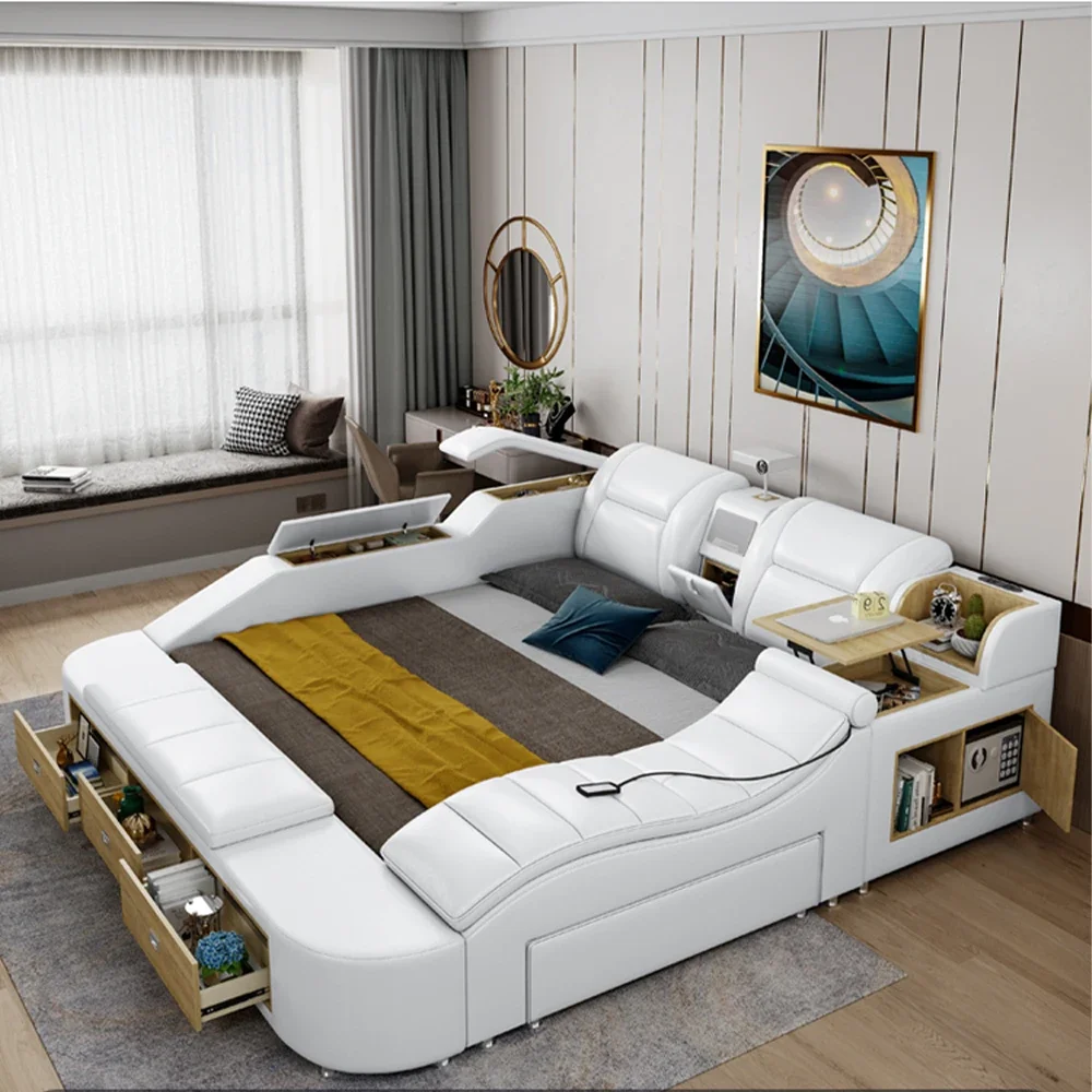 Luxury Multifunctional Leather Smart Bed with Storage Drawers, Massage, Bluetooth Speaker, USB, Modern King Bed with Side Tables