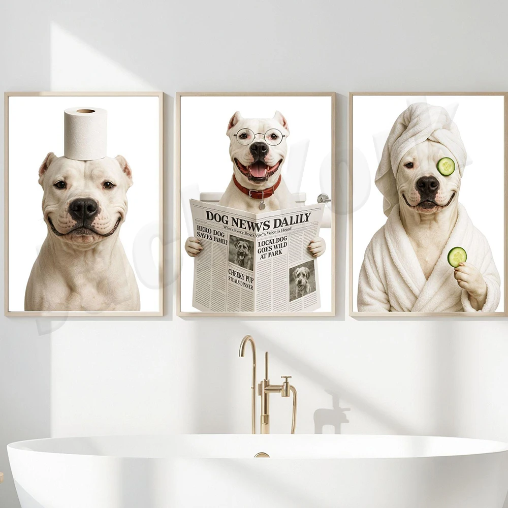 Dogo Argentino, Basenji, Azawak, Australian Terrier, Appenzelsen Nurse wearing bathrobes, bathroom decoration poster.