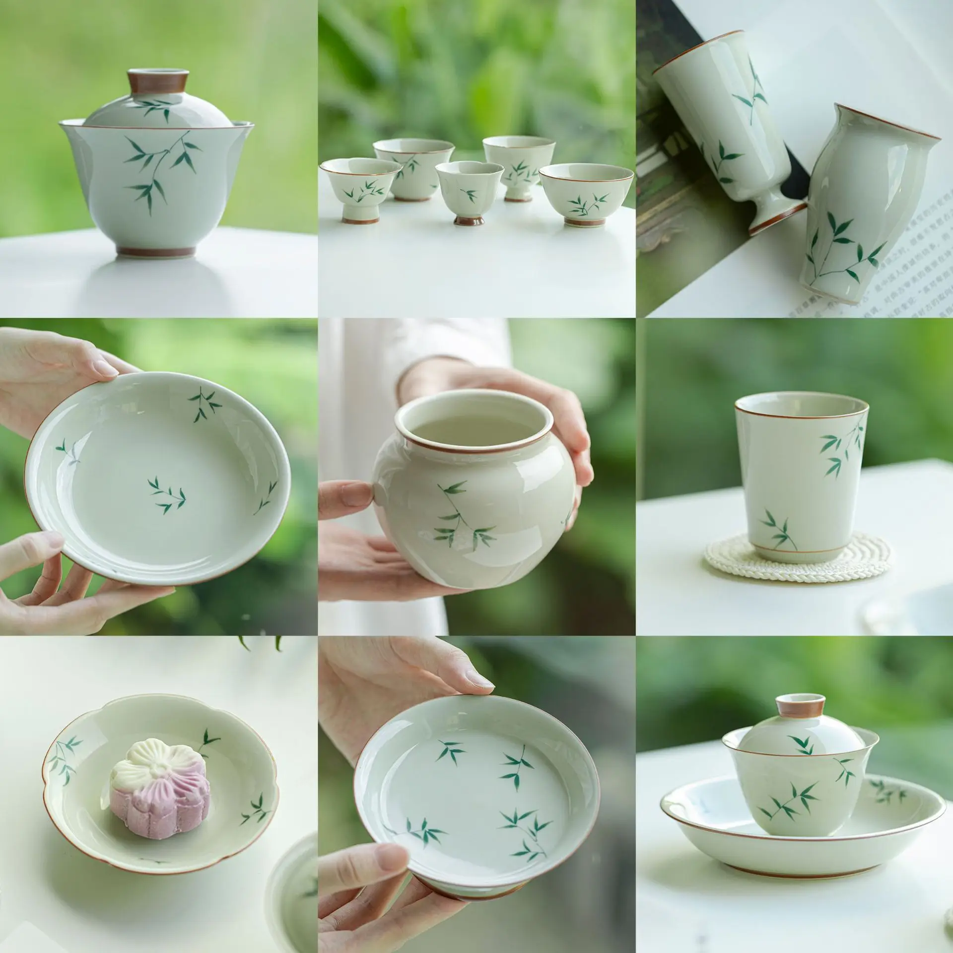 Green Bamboo Kung Fu Tea Set Ceramic Cover Bowl Teacup Pot Bearing Master Cup