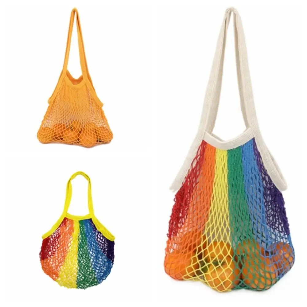 Shoulder Bag Rainbow Mesh Shopping Bag Vegetable Fruit Reusable Grocery Bag Net Tote Shopping Bag Foldable Shopping Bag