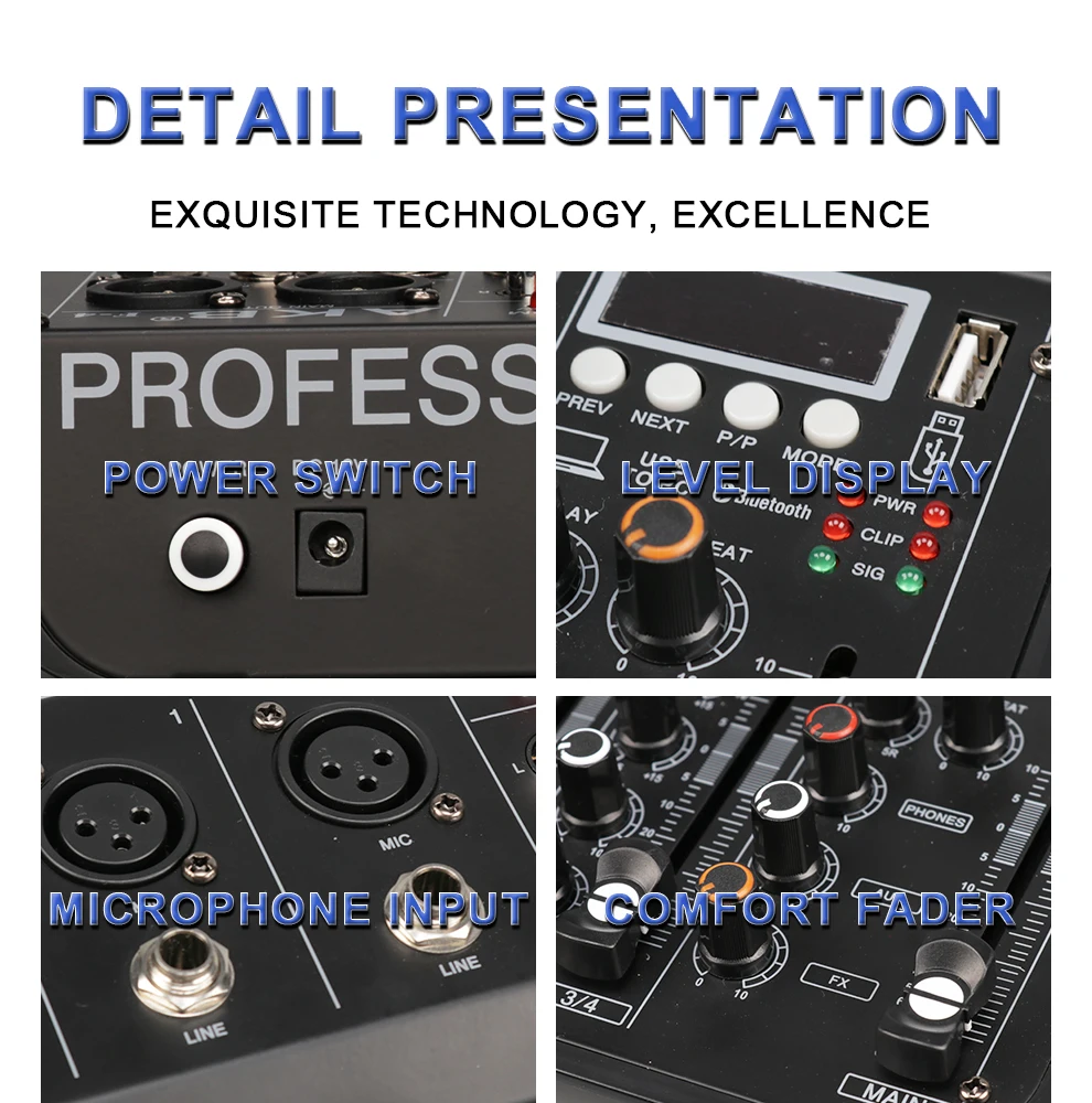 وحدة تحكم خلط الصوت الرقمية المحمولة ، وحدة تحكم دي جي احترافية ، 4 قنوات ، 48 فولت ، USB ، بلوتوث ، مسرح منزلي