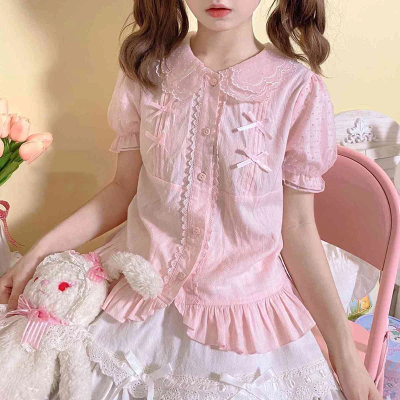 

Kawaii Bow Pink Shirts Women Japanese Lolita Lace Patchwork White Blouses Summer Harajuku Preppy Puff Short Sleeve Casual Tops