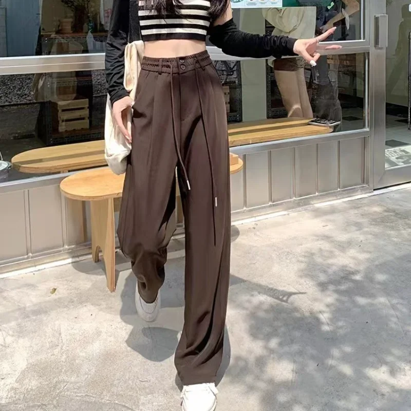 

S-3XL Wide Leg Pants Women Loose Vintage Spring Soft Leisure All-match Drawstring Harajuku Korean Style Office Lady Solid Simple