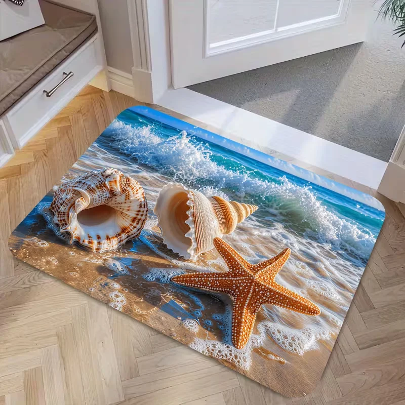Coastal Beach Seashell Starfish Doormat Tropical Ocean Pattern Entrance Rug for Front Door Kitchen Home Decor