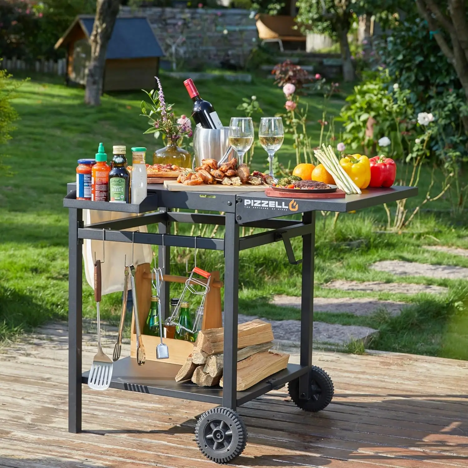 Outdoor Grill Cart Double-Shelf Grill Table Foldable Tabletop Movable Food Prep Pizza Carts Outside Kitchen Pizza Oven Stand