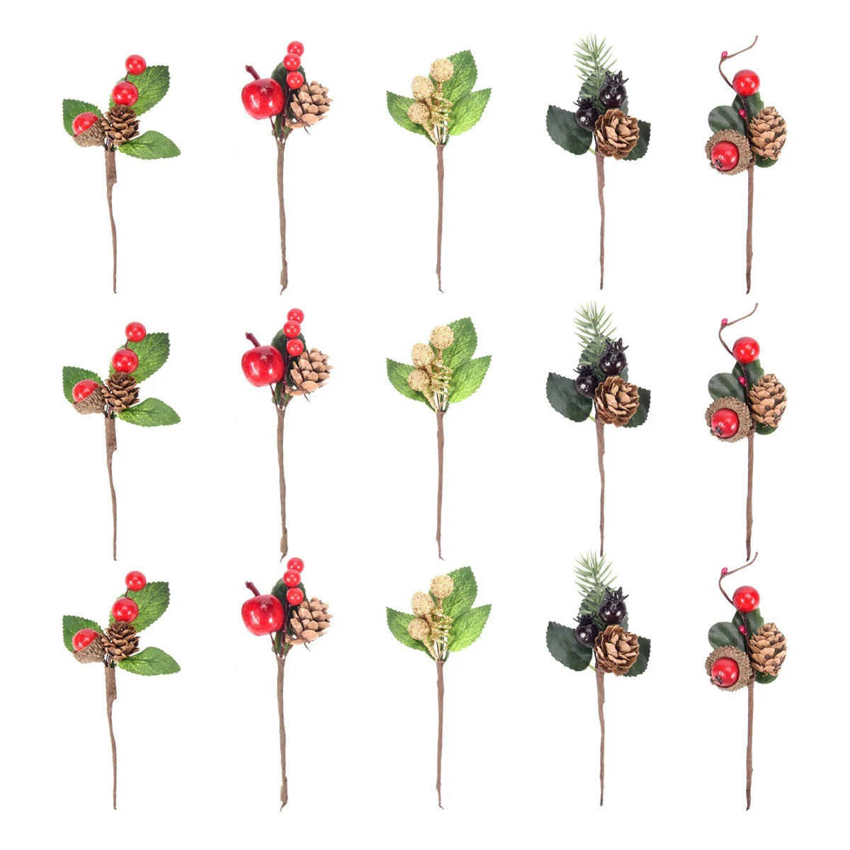 15Pcs Red Christmas Berry and Pine Cone Picks with Holly Branches for Holiday Floral Decor Flower Crafts