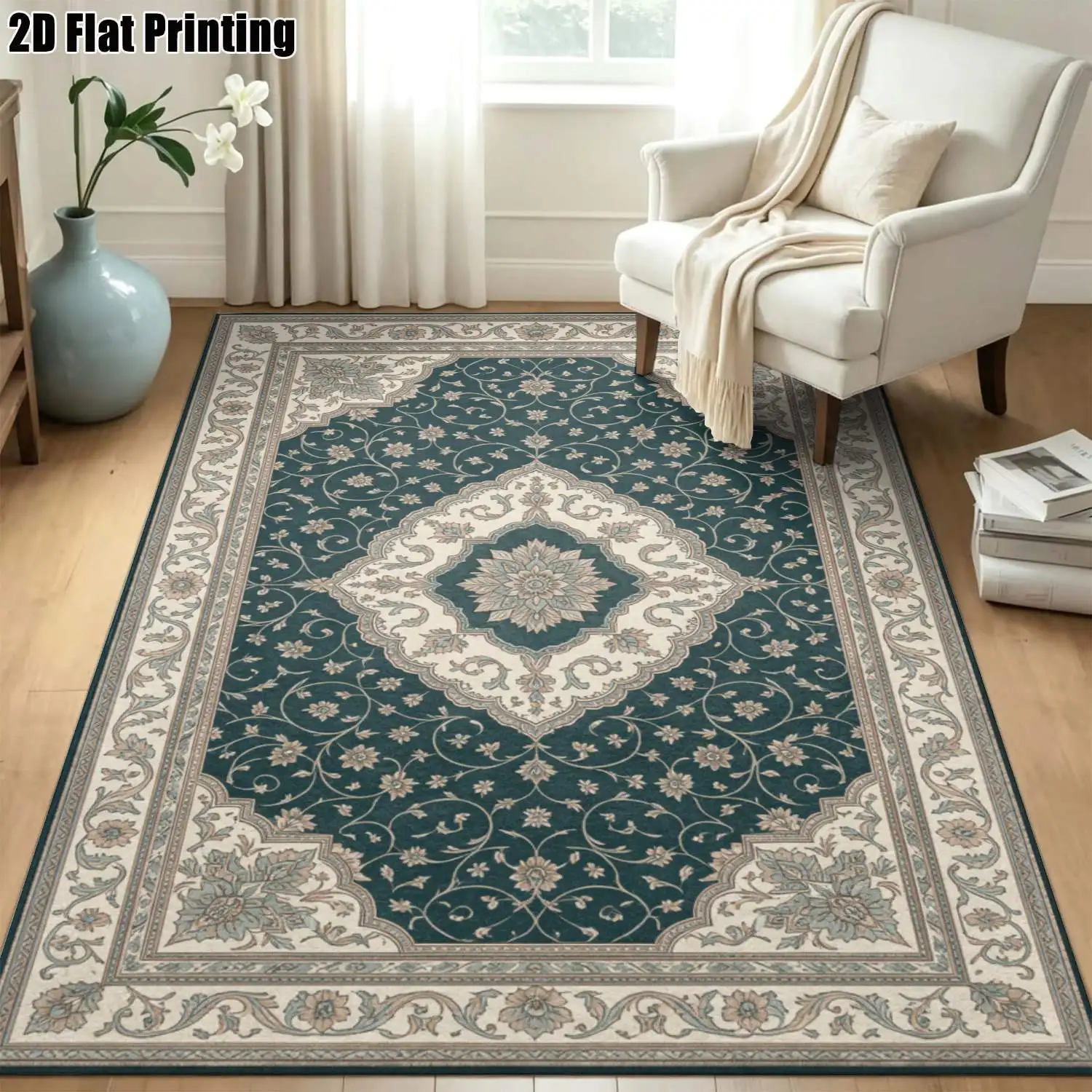 1Pc 2D Printed Retro Brown-Grey Scrolling Flower Carpet European-Style Home Decor Rug, Multi-Size, Machine Washable, Suitable for Entryway, Dining Room, Bedroom, Study, Living Room.