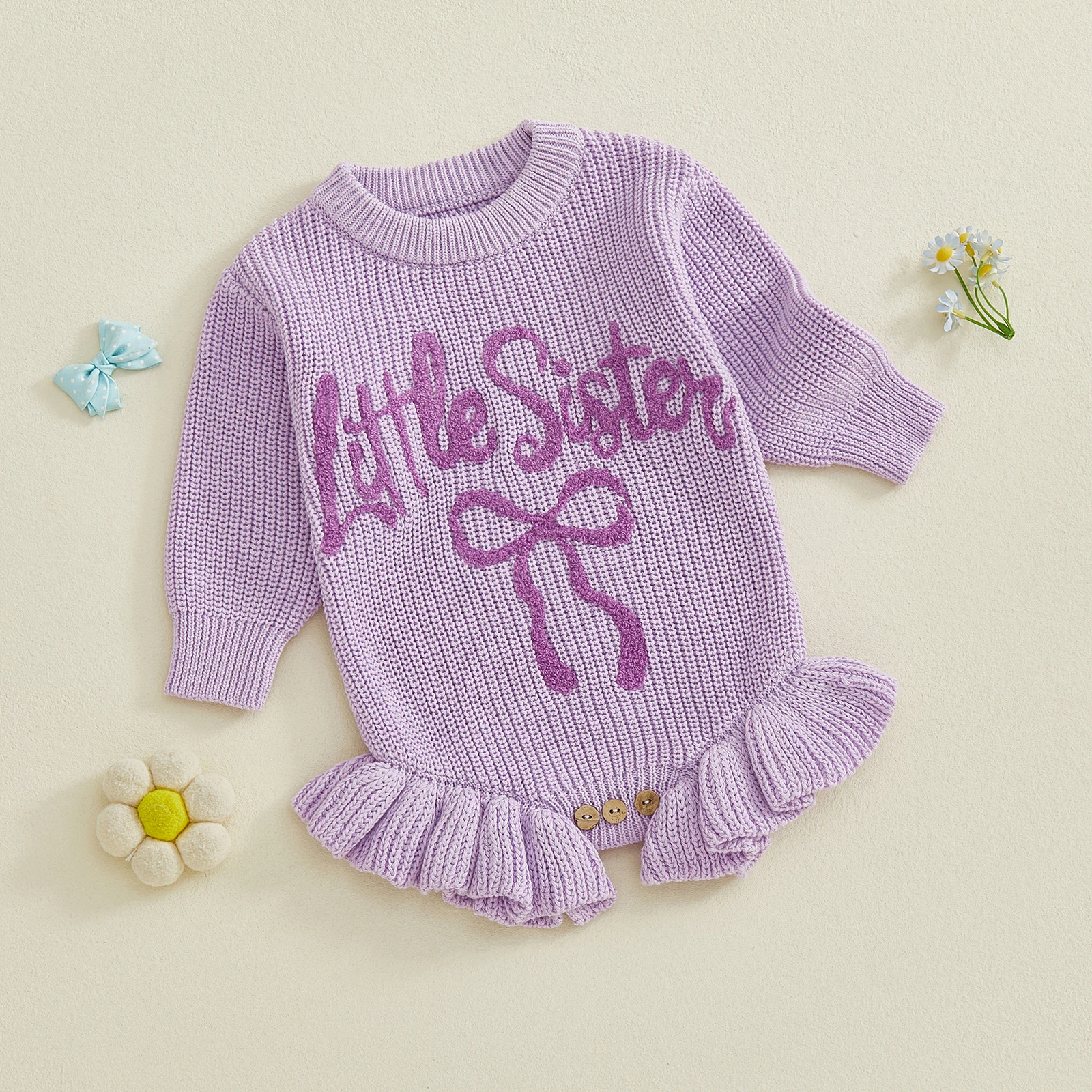 Tregren 0-18M Infant Newborn Baby Girl Sweater Rompers Long Sleeve Crew Neck Letters Bow Embroidery Knitted Jumpsuit
