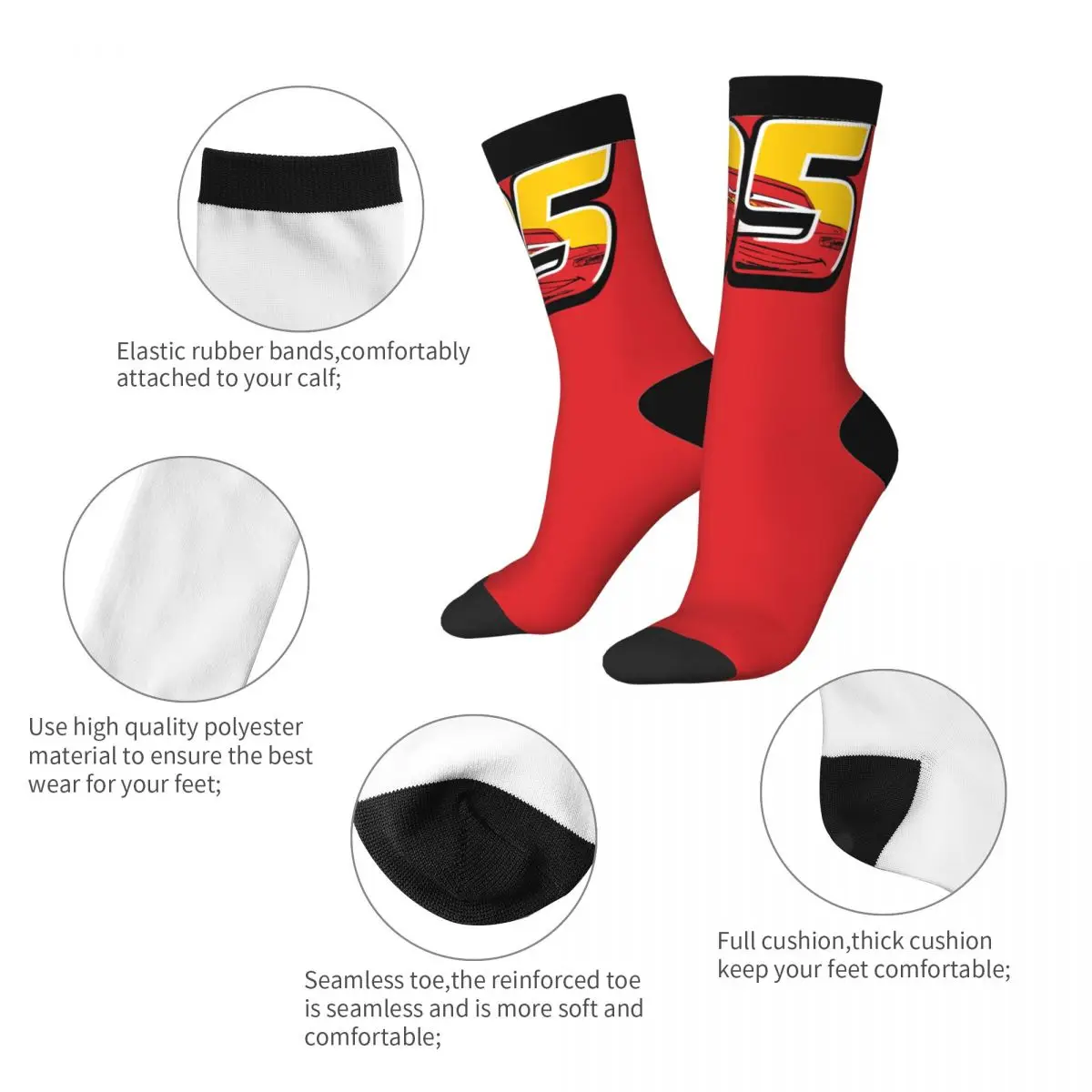 Autumn Winter Colorful Unisex Lightning McQueen Go 95 Socks Cars Non-slip Crew Socks