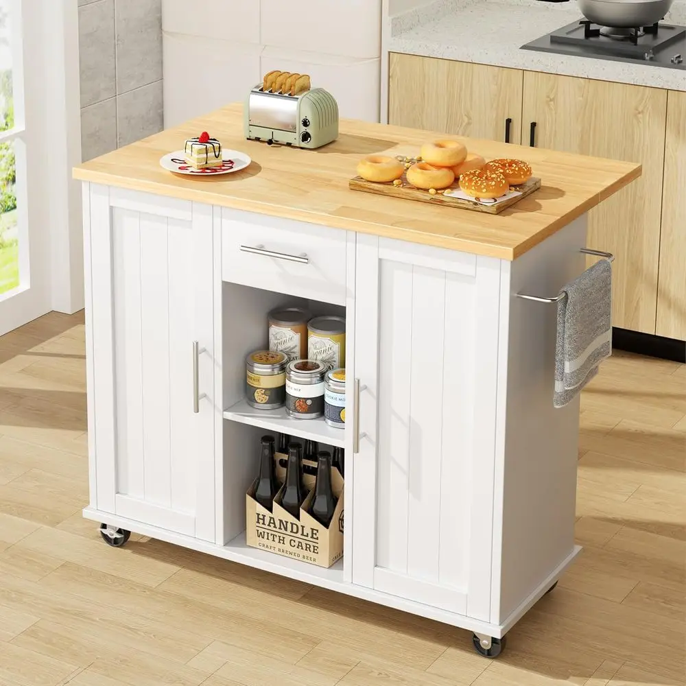 

Rolling Kitchen Island with Storage, Drop Leaf, Cart Handle, and Towel Rack, White