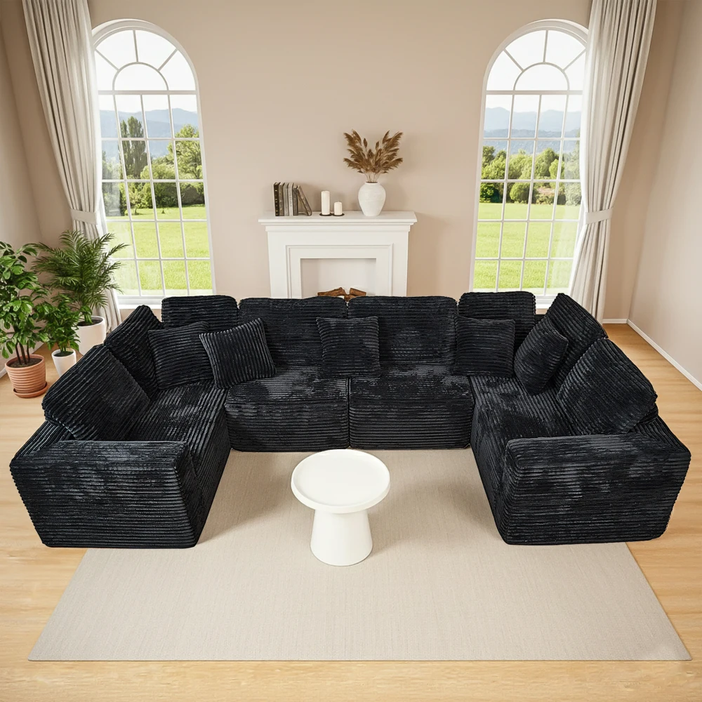 135.5-inch Modular U-Shaped Sectional Sofa, 6-Seater Chaise Lounge with Reversible Design, Striped Corduroy Fabric in Black–Customizable Living Room, Freely Configurable Layout.(Old Sku:W3276S00018)