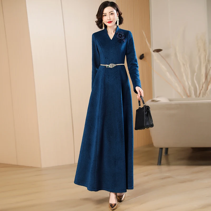 woolen maxi dress for ladies Navy Long Winter Flower V-neck Cashmere Dress Office Lady Runway Warm Snow Wear Evening Dress Vintage ecom_vernon