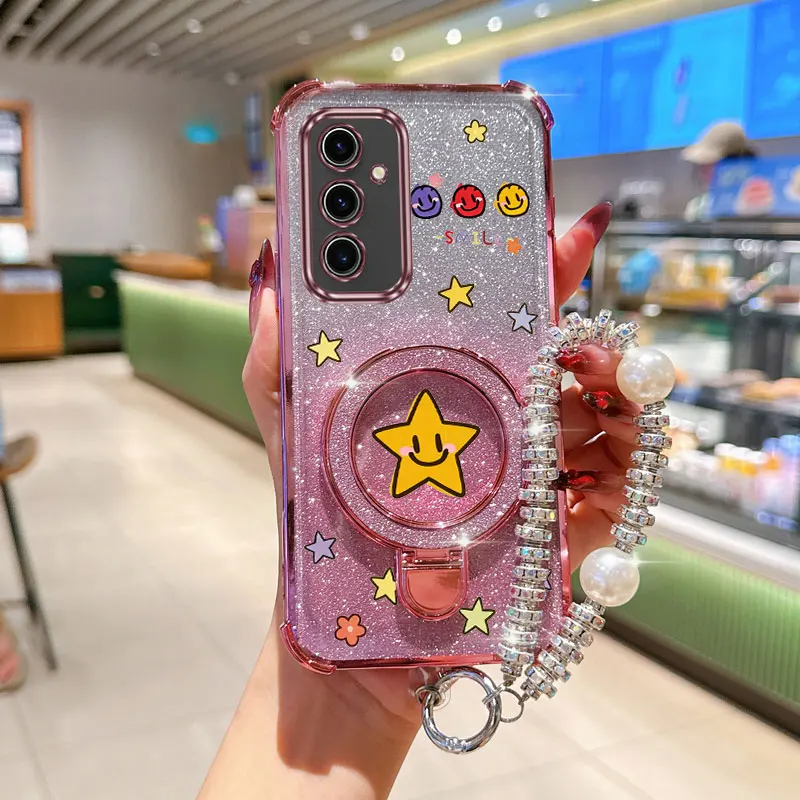 Pearl Strap Lanyard Glitter Smiling Star Phone Holder Case For Samsung Galaxy S24 S20 S21 S22 S23 S25 FE Note 10 20 Plus + Ultra