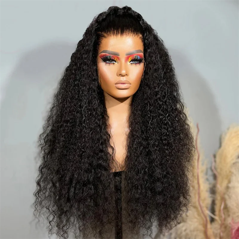 Soft Long Natural Black Glueless 180Density 26Inch Kinky Curly Deep Lace Front Wig For Women With Baby Hair Preplucked Daily