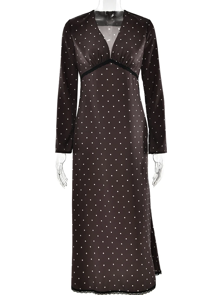 Oniflyme Abito lungo da donna in raso con scollo a V sexy con stampa a pois Abito lungo da donna con patchwork bianco a maniche lunghe in pizzo sottile ed elegante