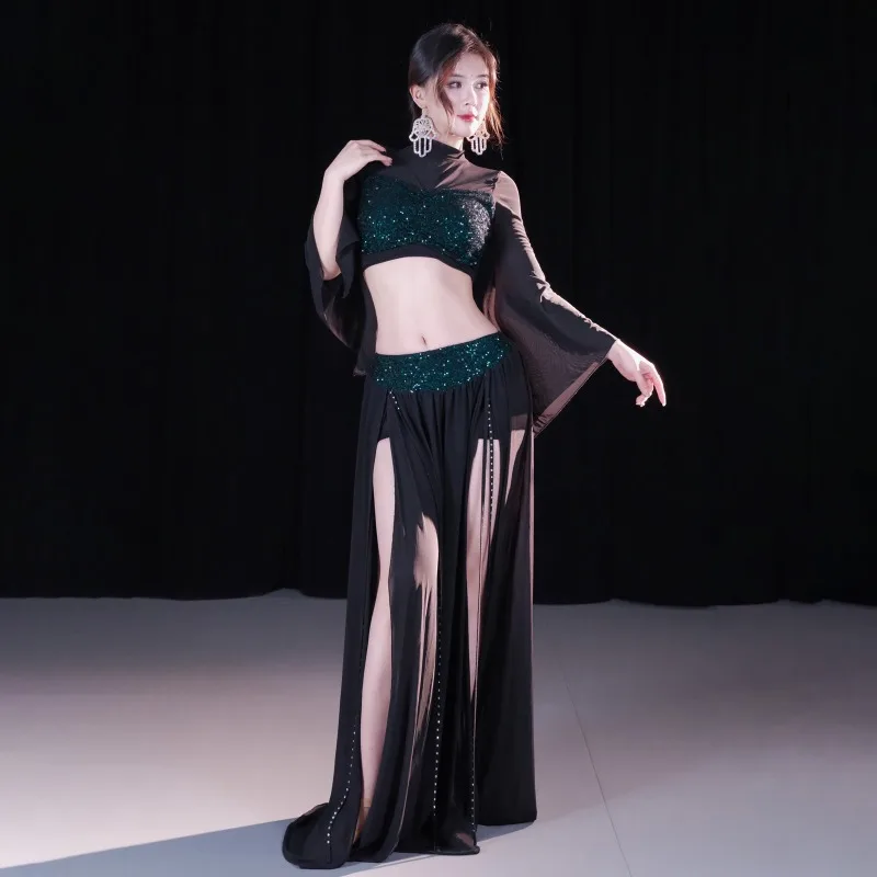 customized set of elegant mesh Oriental dance performance training group uniform belly dance skirt exotic dancewear costumes