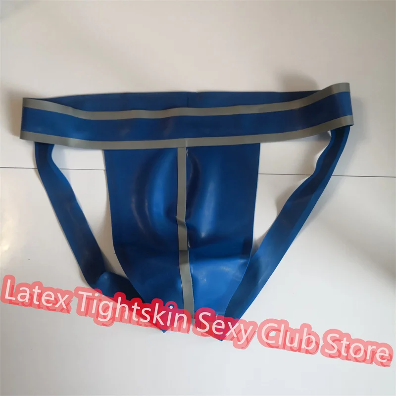 Culotte Sexy en Latex Bleu avec Garniture Argentée pour Homme, Sous-vêtements Fétichistes en Caoutchouc, Tenue de Club