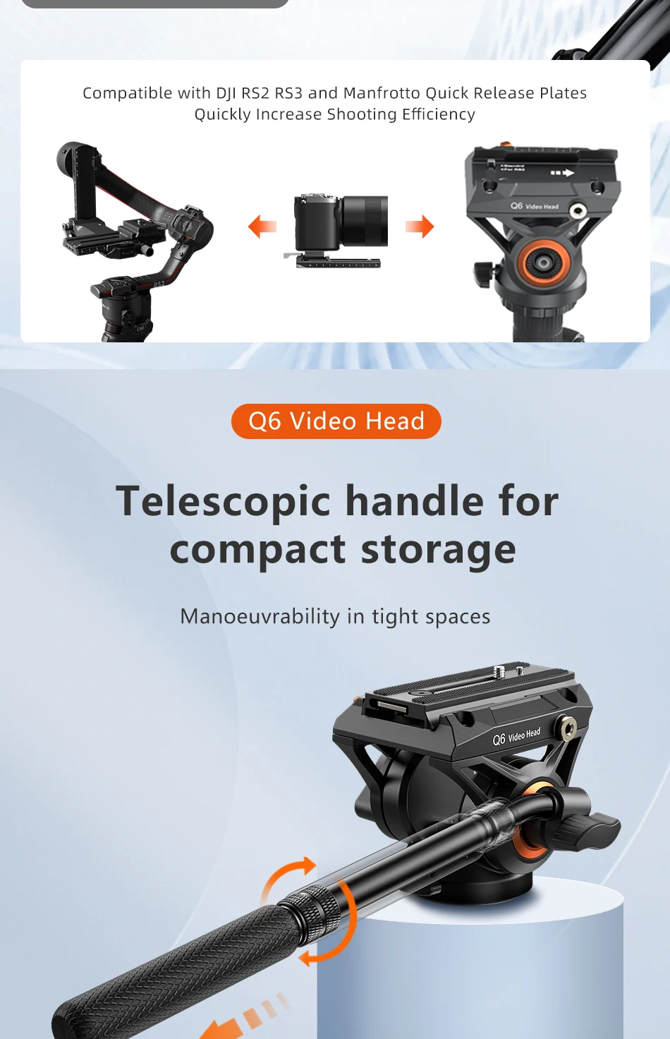 COMAN Q6 Panorama-Gimbal-Videokopf mit Schnellwechselplatte, kompatibel mit DJI RS4 Manfrotto Hydraulic Fluid Stativ DSLR-Kamera – Detail 4
