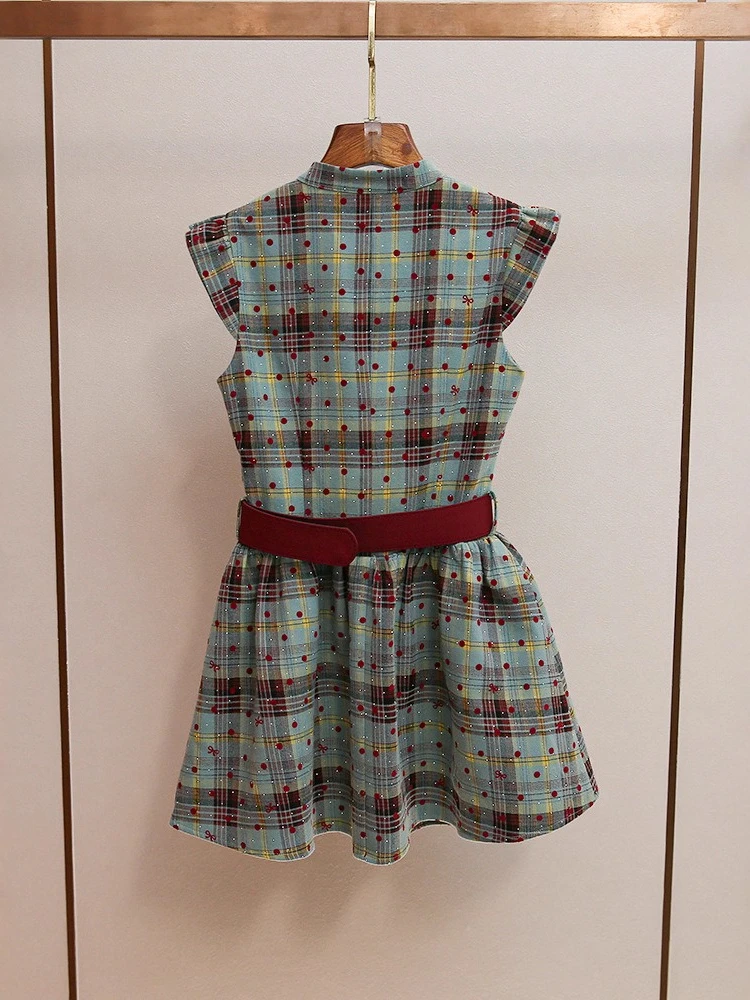 High End Women's Autumn New Item Sweet and Fresh Flying Sleeves Thin and Shiny Diamond Plaid Dress for Women