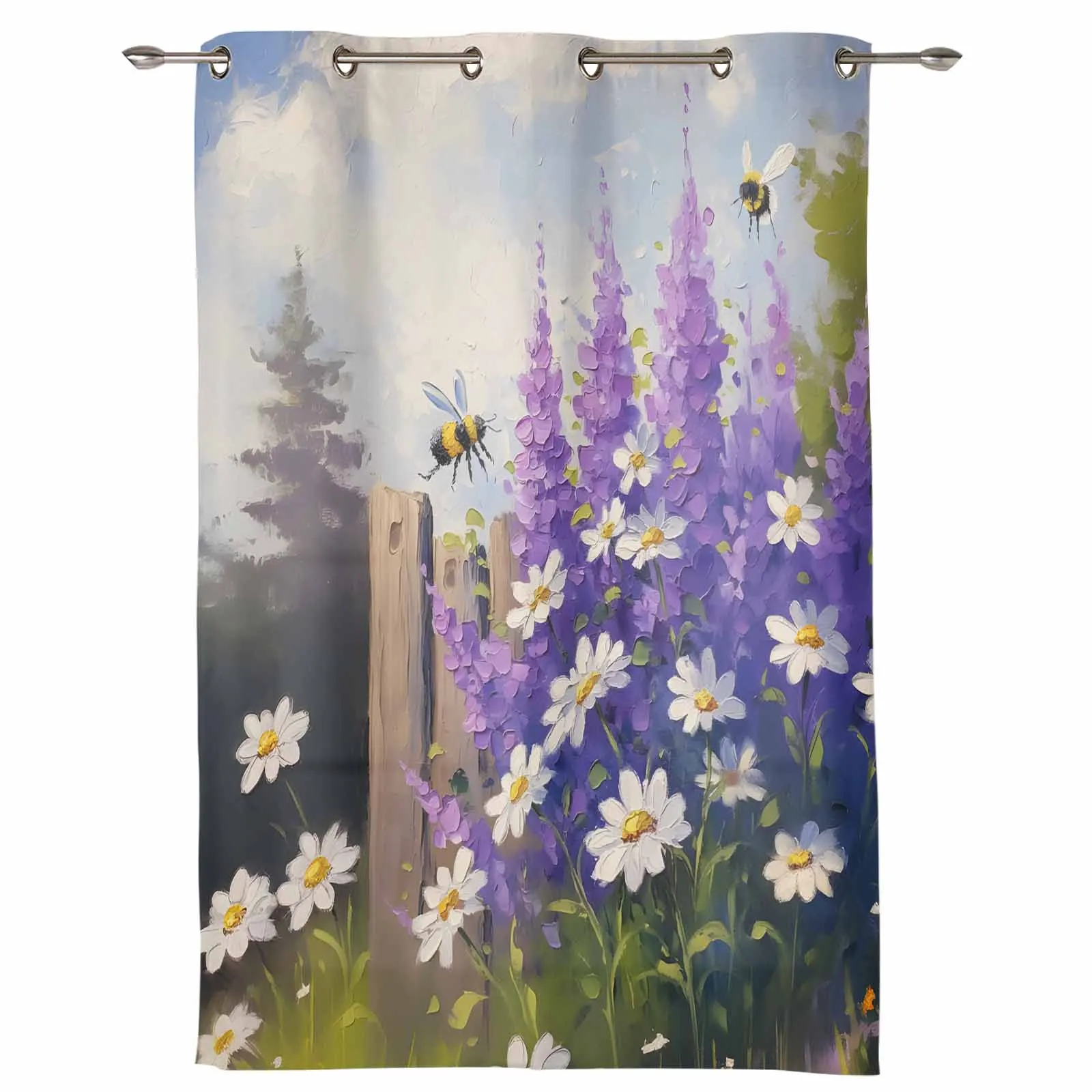 Oil Painting Purple Lavender Daisy Garden Bees Modern Window Curtains for Living Room Bedroom Curtain Home Decor Balcony Drapes