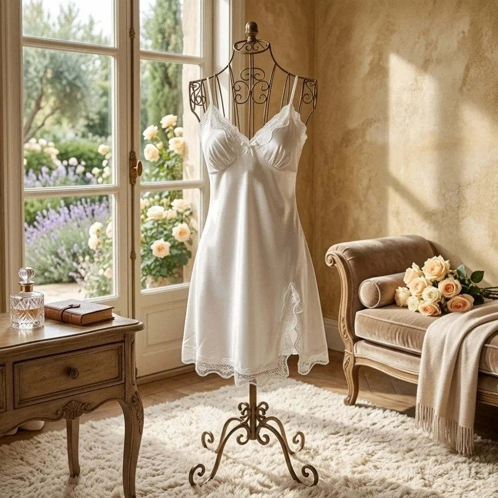 Comfortable Female Sleepwear V-neck Nightgown Slit Lingerie Dresses Suspenders Nightdress Ice Silk Soft Lace Nightdress Gift