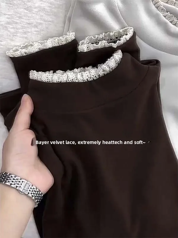 

Утепленная футболка с длинным рукавом и кружевной отделкой, базовая модель для многослойных образов, модный осенне-зимний теплый универсальный топ в корейском стиле