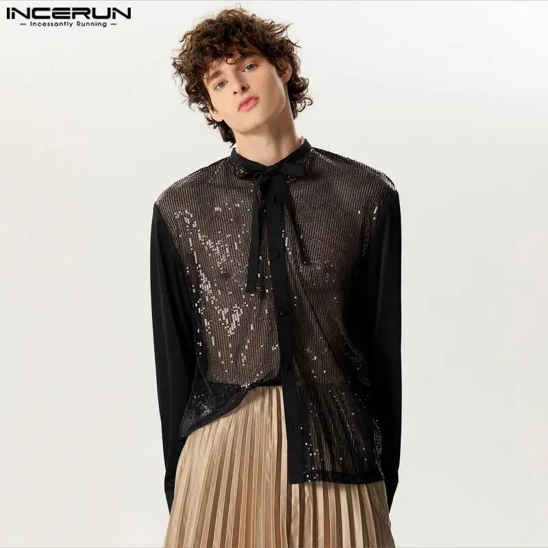 2024 Men Shirt\'s Sparkling Sequins Lapel Lace Up Long Sleeve Casual Men Clothing Streetwear Fashion Party Shirts S-5XL INCERUN