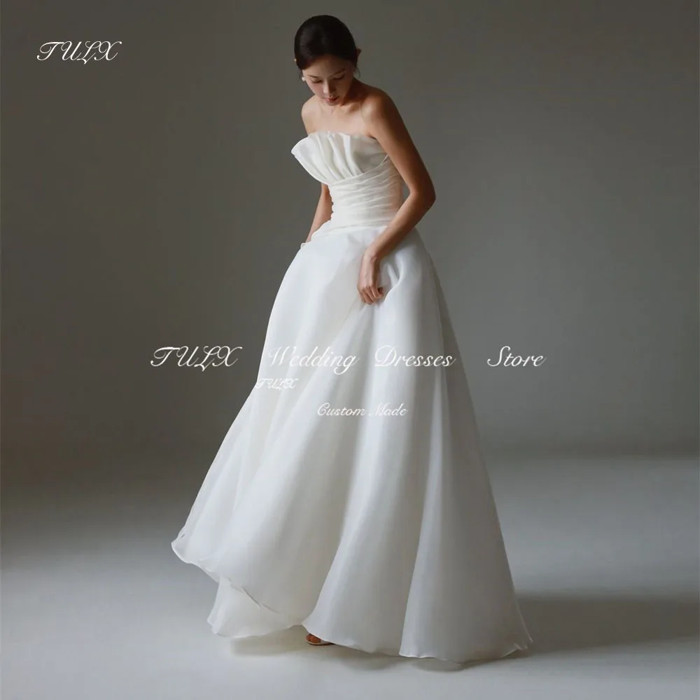 TULX Elegant Strapless Pleat Korea Organza Wedding Photo Shoot Dress 웨딩드레스 Corset Back Floor Lengt Bridal Gowns Customized