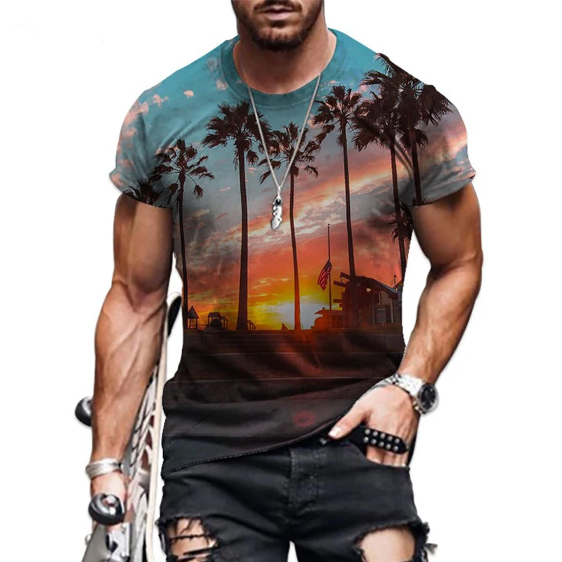 

New Summer Essential Men's And Children's Shirt Palm Beach Seaview 3d Print T-shirt Casual Fashion Seaside Style Thin Top