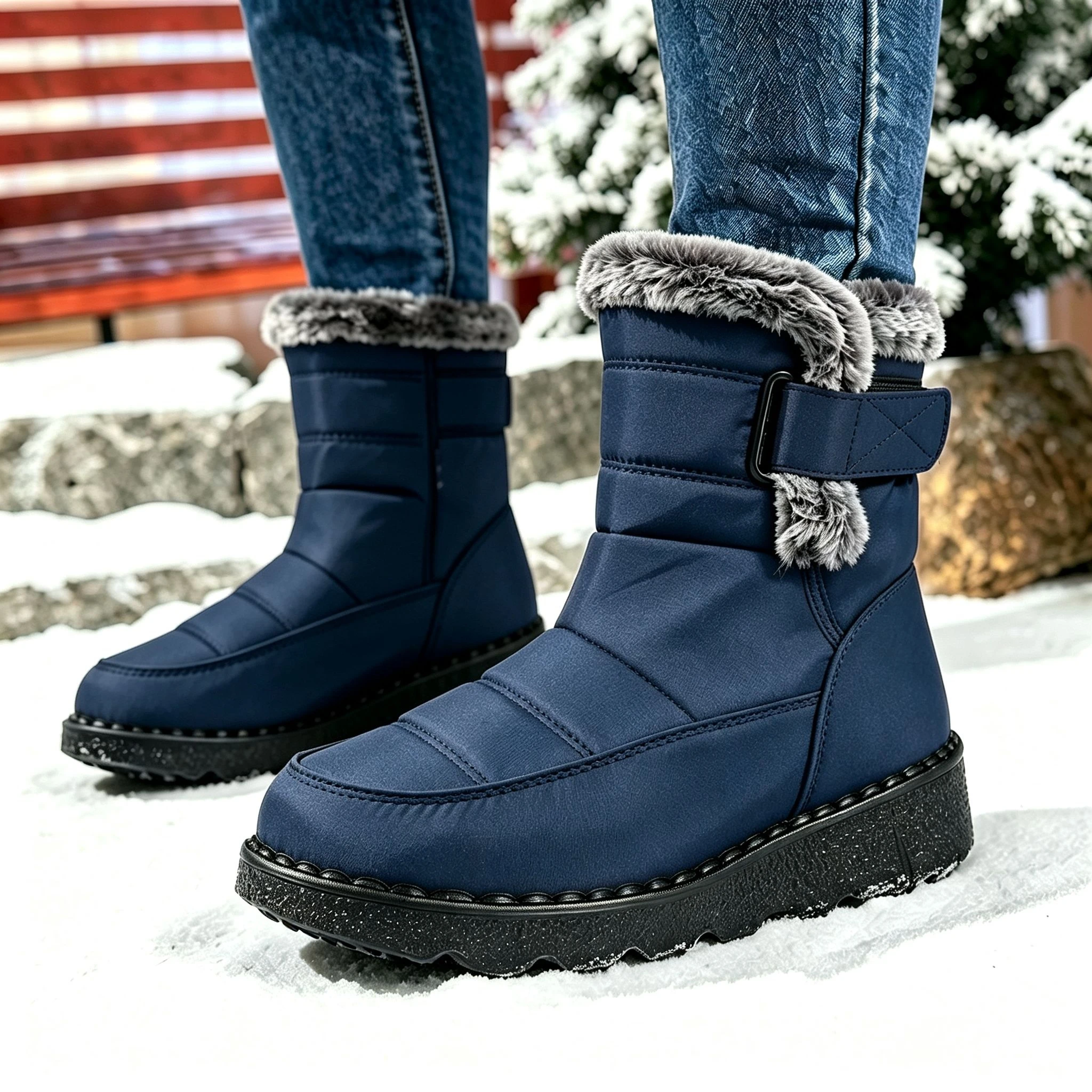 Damen Winter Pelzige Plateau-Schneestiefel 2026 Trend Wadenlange Winterstiefel Wasserdicht Rutschfest mit Schnalle Warm Flauschig Outdoor – Detail 20