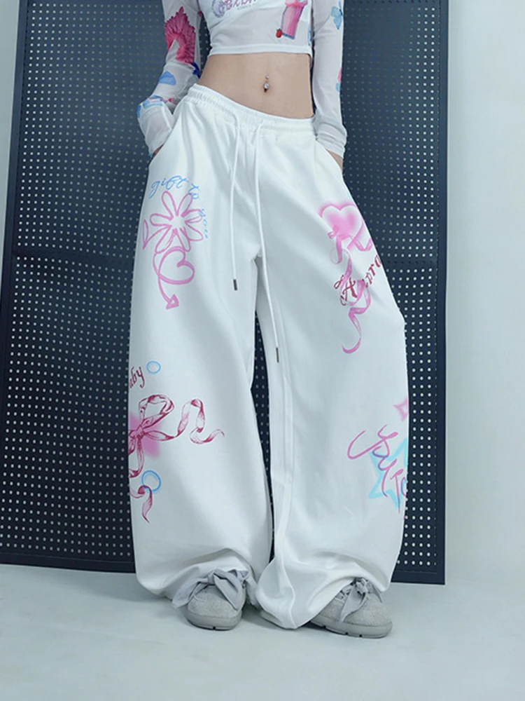 Cute Bow Print Pant Women Streetwear Casual Loose Vintage Hip Hop Trousers Fall Vintage American High Waist Female Sweet Pants