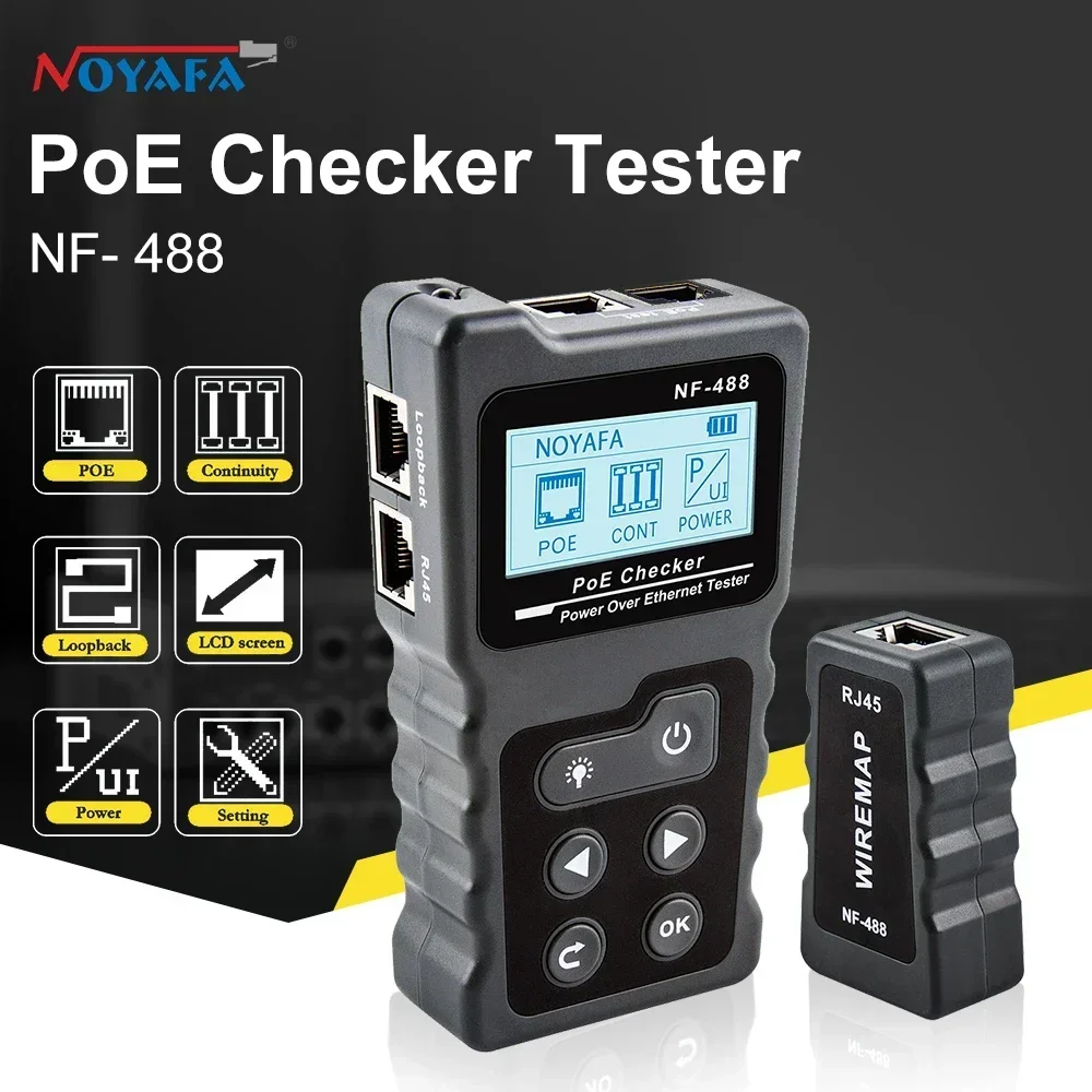 

NOYAFA NF-488 Network Cable Tester LCD Display Cable Tracker PoE Checker Online Test PoE Voltage Current Tester Loop-Back Test