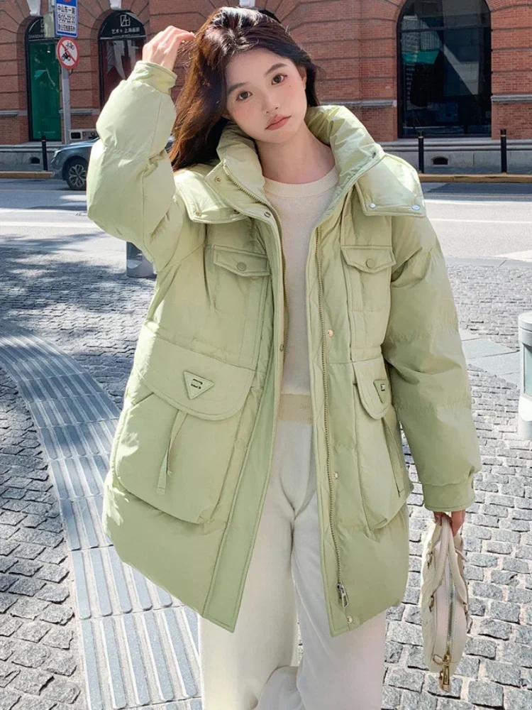 Thicken Super Plus Size Down Jacket Winter High Quality Hooded Big Pocket Loose Mid-Length Waist 90 White Duck Puffer Coat Women