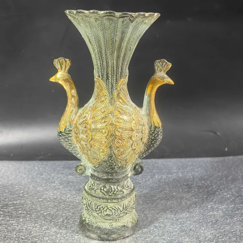 Antique Peacock , Auspicious Double Phoenix Flower Vase, Decorative Ornament, Bronze Collectible, Live Streaming