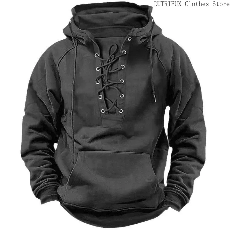 Men's Fitness Sportswear 2024 Autumn New Fashion Solid Color Men's Hooded Sweatshirt Lace-up Retro Street Loose Casual Hoodie