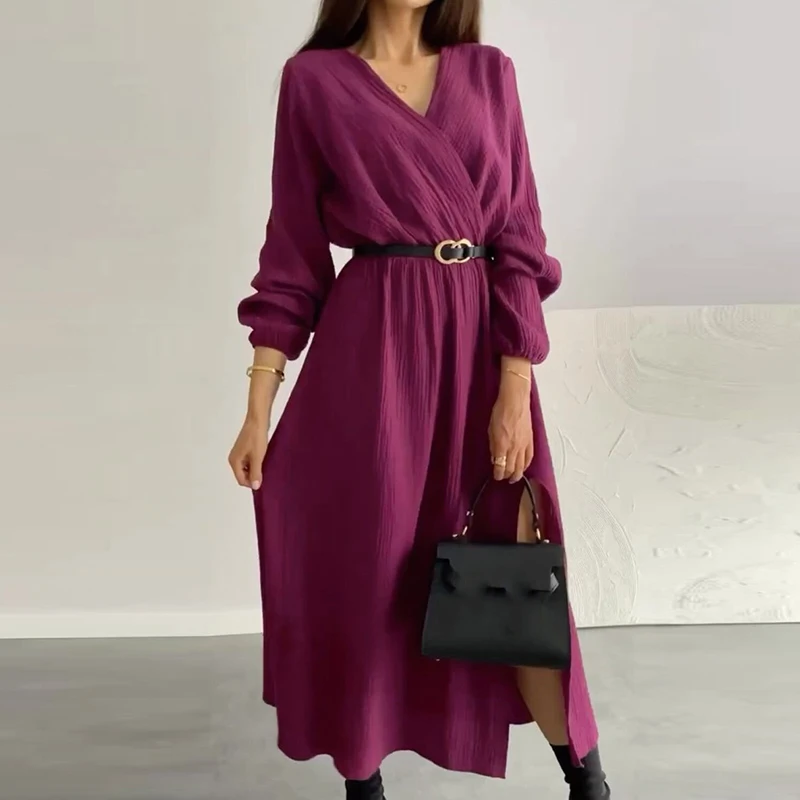 

Commute 2024 V-Neck Office Long Dress Women Elegant Banquet Long Sleeve Autumn Dress Casual New V-neck Split Solid Party Dress