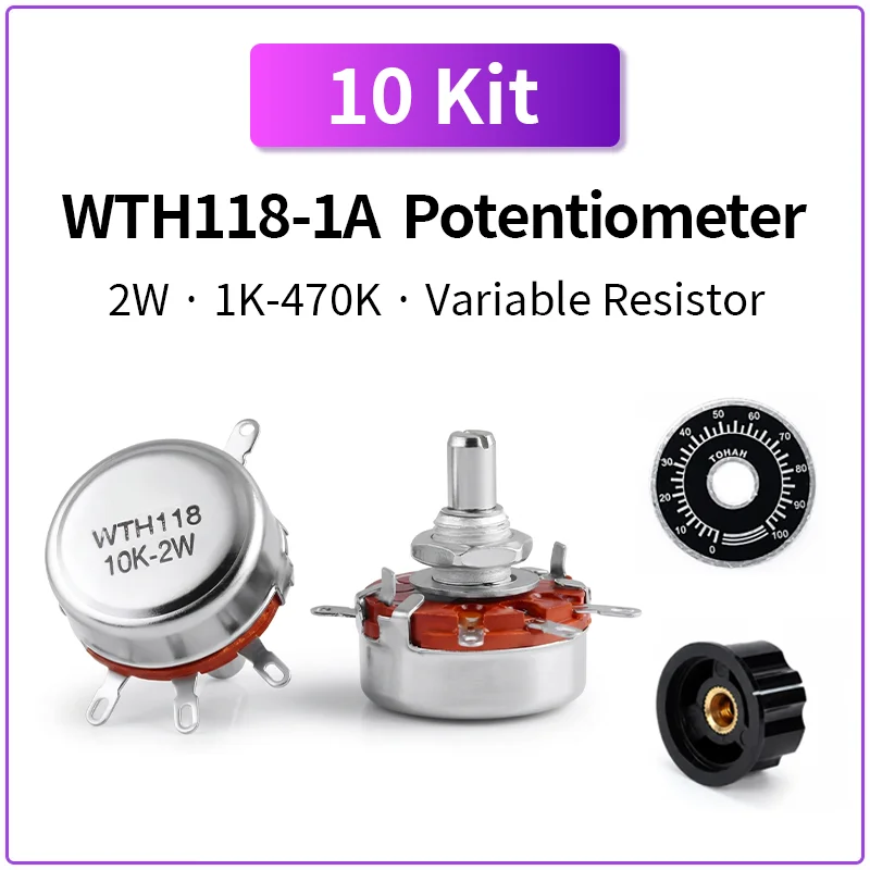 10Kit WTH118-1A Carbon Film Potentiometer 2W Variable Resistor 1K 2K2 4K7 10K 22K 47K 100K 470K