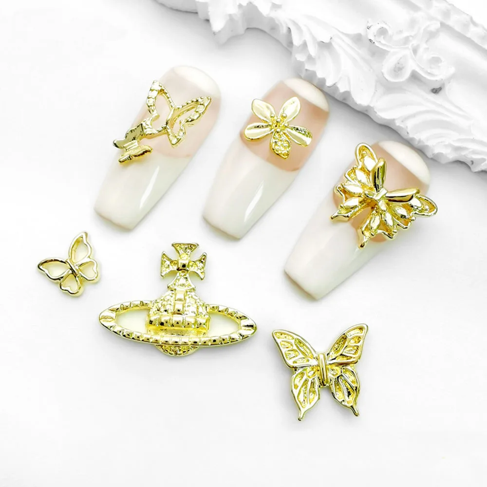 10Pcs/Bag 3D Alloy Butterfly Design Nail Art Charms Bow Bee Planet Decoration Rhinestone Manicure Accessories Nail Parts Bulk