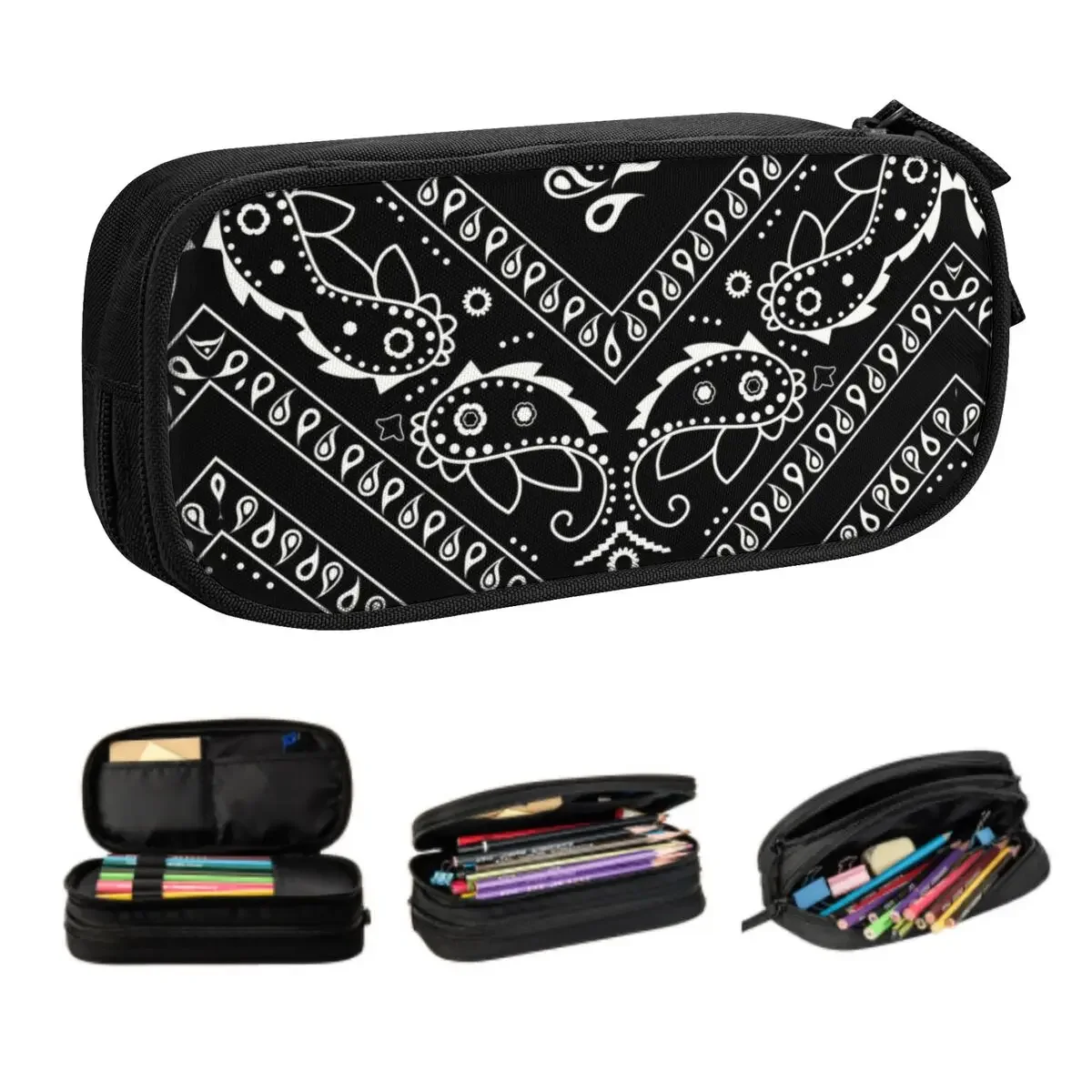 Custom Cute Black Bandana Pattern Pencil Case for Boy Girl Large Capacity Paisley Style Pencil Pouch School Accessories
