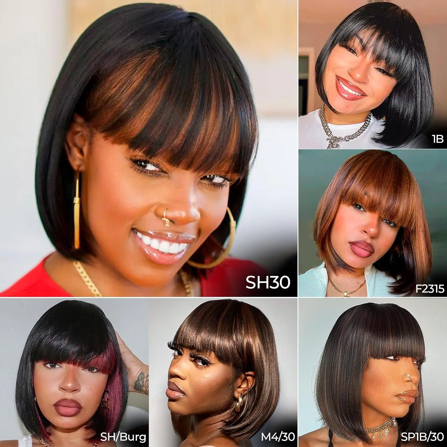 Bob Wig With Bangs - 14 Inch Peek-a-boo Color Short Bob Wig For Black Women Black Mix Brown Daily Costume Wigs, Light  Synthetic