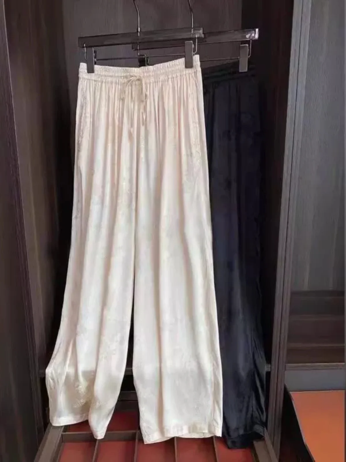 Silklike Drape Acetate Wideleg Pants Women Loose White Embroidered Straight Long Ice Silk Trousers High Waist Commute Style