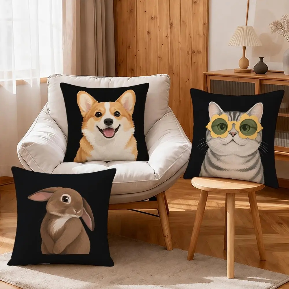 Art Funny Animals Cat Dog Rabbit Cushion Cover Linen Anti-Mite Antibacterial Cushion Cover Invisible Zipper Sofa Decor