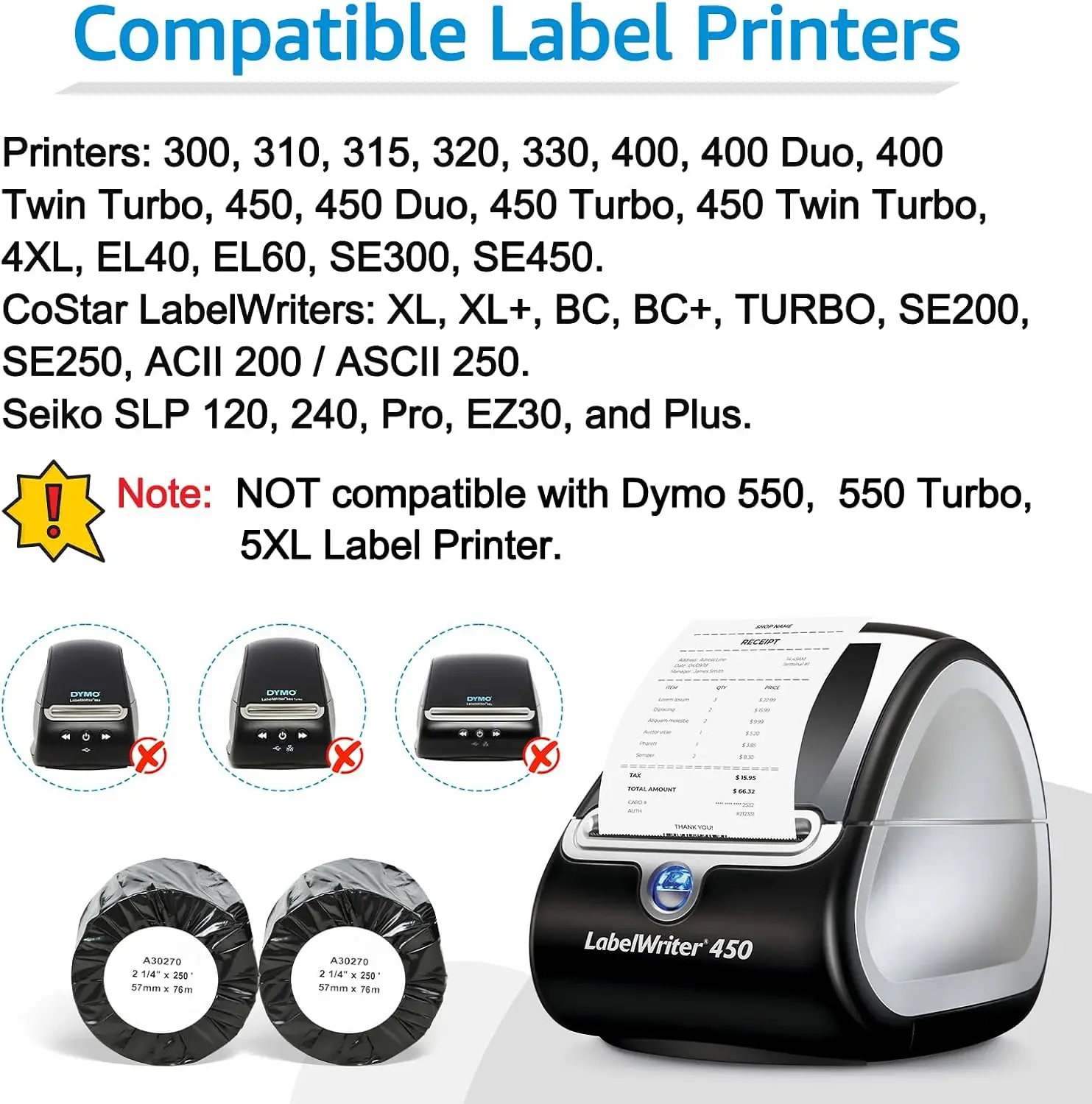 1-20 Roll A30270 Continuous Receipt Roll Paper Compatible for Dymo 30270 A30270 2-1/4